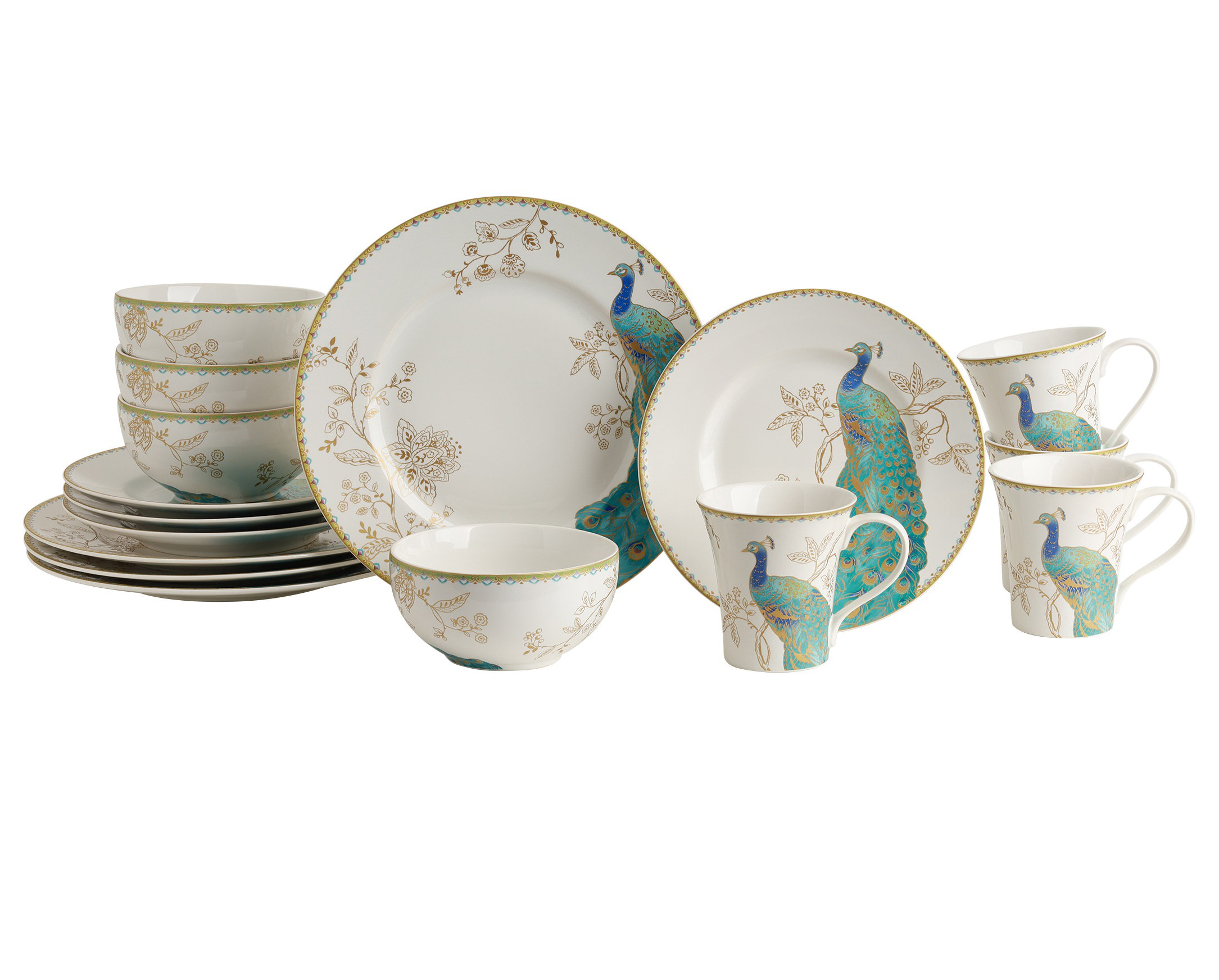 222 Fifth Peacock Garden 16-Piece Blue Porcelain Dinnerware Set